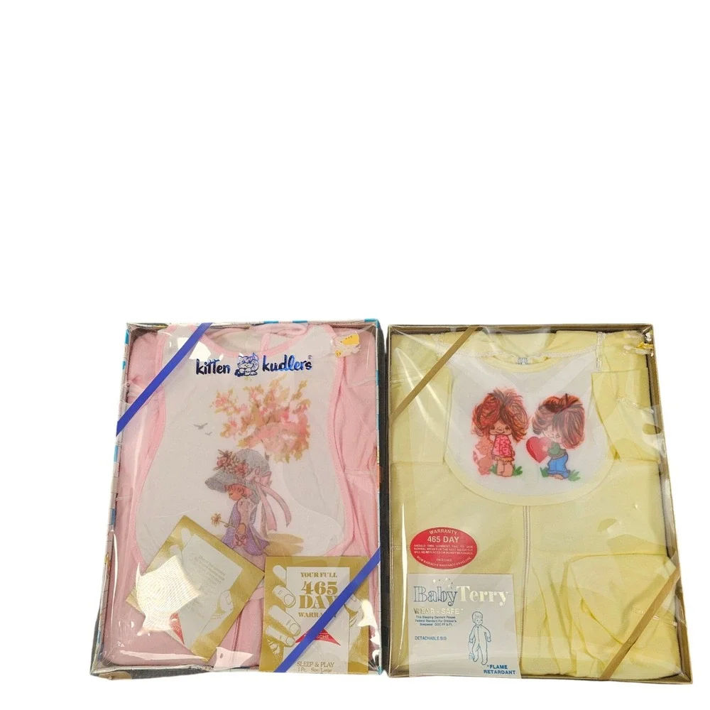 Vintage 70s Kitten Kudlers Baby Terry Sleep Play Boxed Set Pink Yellow NOS L